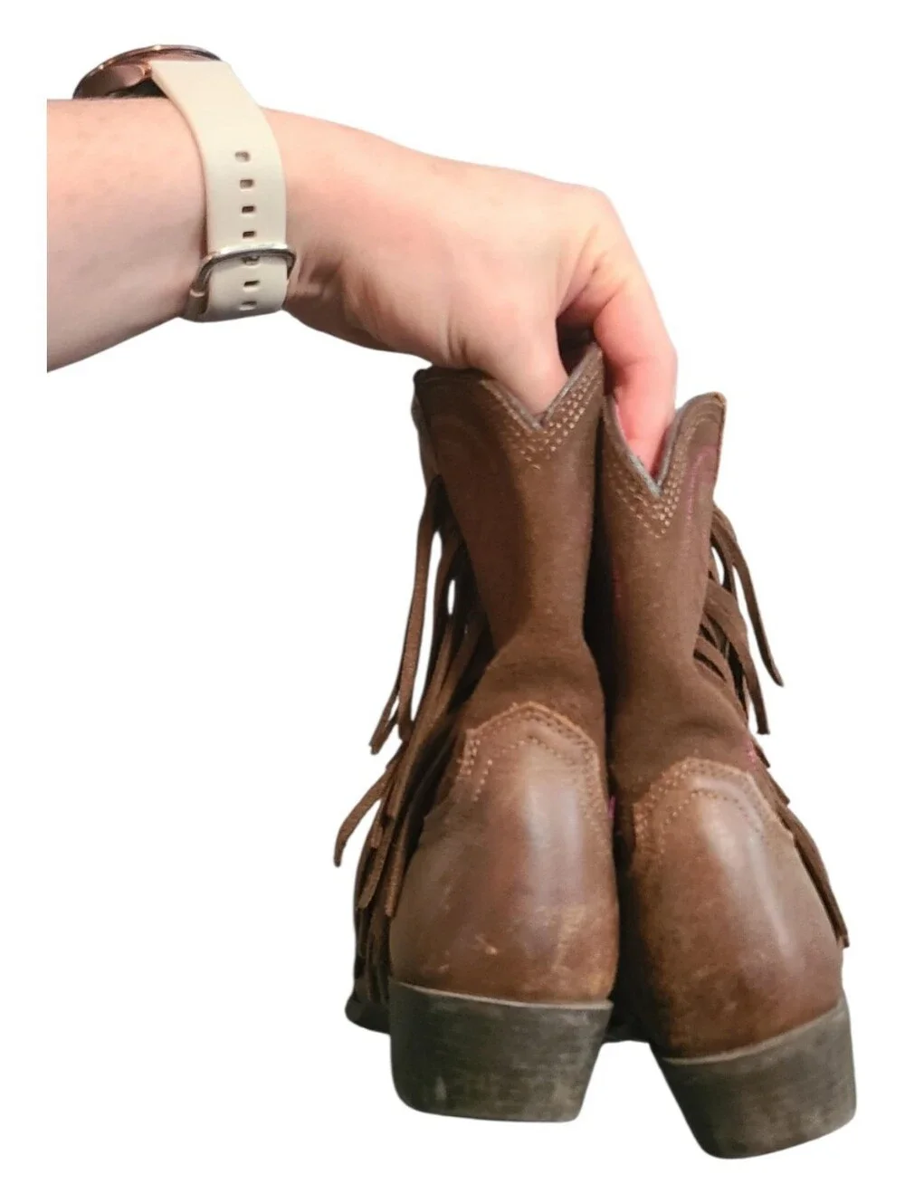 Girls Brown Leather Cowboy Boots with Fringe and Pink Stitching 13